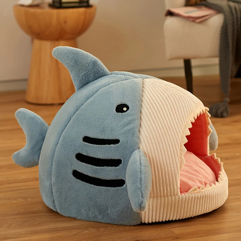 Semi-Enclosed Shark Cat Bed - Warm Pet Cave Bed with Sweet Little Cat Basket Mat - Cozy Cat Pillow Mat Tent - Ideal for Small Dogs and Cats