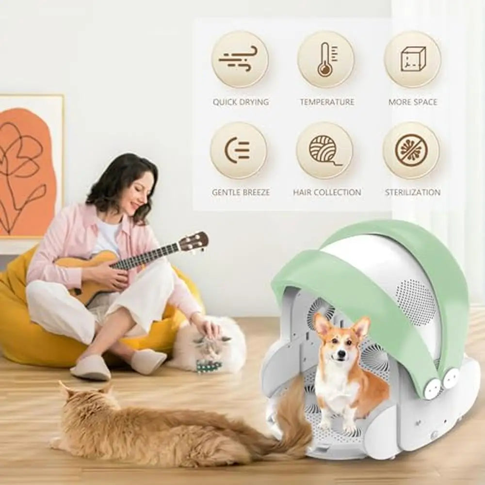 Foldable Automatic Pet Dryer Box 8 Fans 360° Airflow Temperature Control 4-Speed Timer 60L Capacity Cats and Small Dogs Smooth &