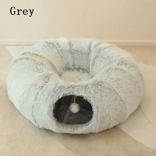 4 in1round Soft Long Plush Pet Bed, House, Tunnel  and Toy for Cats' and Small Dogs' Deep Sleep