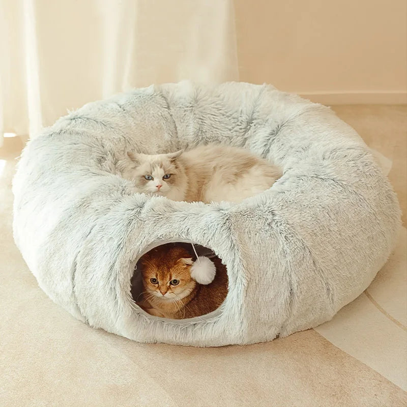 4 in1round Soft Long Plush Pet Bed, House, Tunnel  and Toy for Cats' and Small Dogs' Deep Sleep