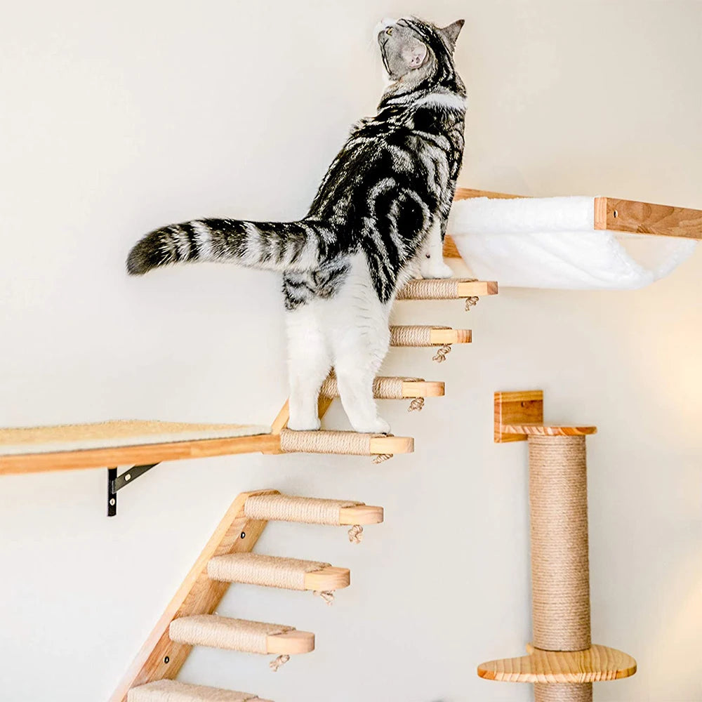 Wall-Mounted Cat Climbing Shelf - Four Step Stairway with Sisal Scratching Post - Tree Tower Platform for Jumping - Ultimate Pet Furniture for Cats