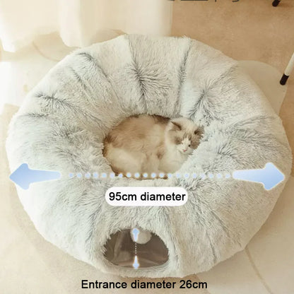 4 in1round Soft Long Plush Pet Bed, House, Tunnel  and Toy for Cats' and Small Dogs' Deep Sleep