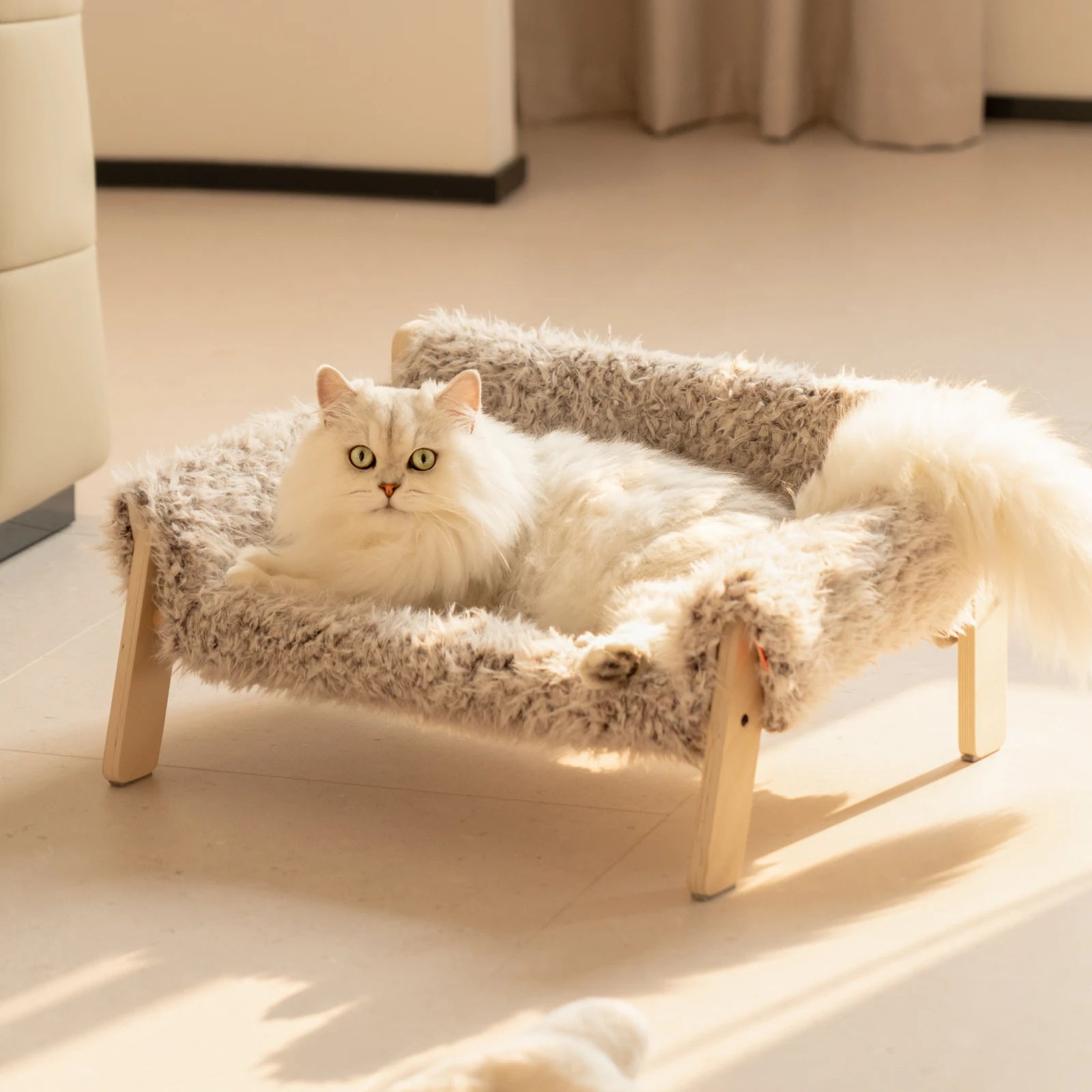 Luxurious Wooden Pet Bed with Plush Cushion for Cats and Small Dogs - Four Seasons Pet Nest