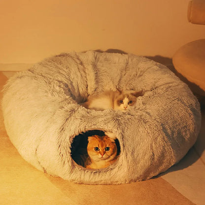 4 in1round Soft Long Plush Pet Bed, House, Tunnel  and Toy for Cats' and Small Dogs' Deep Sleep