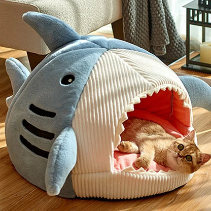 Semi-Enclosed Shark Cat Bed - Warm Pet Cave Bed with Sweet Little Cat Basket Mat - Cozy Cat Pillow Mat Tent - Ideal for Small Dogs and Cats