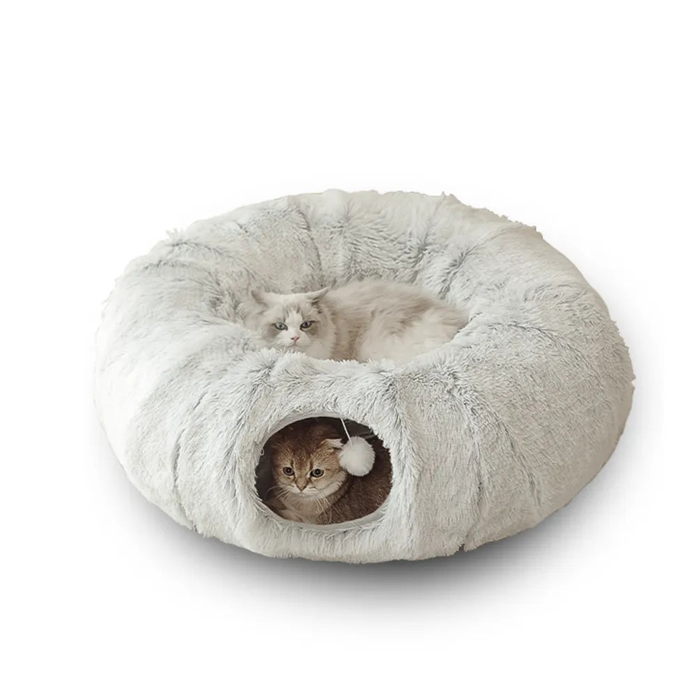 4 in1round Soft Long Plush Pet Bed, House, Tunnel  and Toy for Cats' and Small Dogs' Deep Sleep