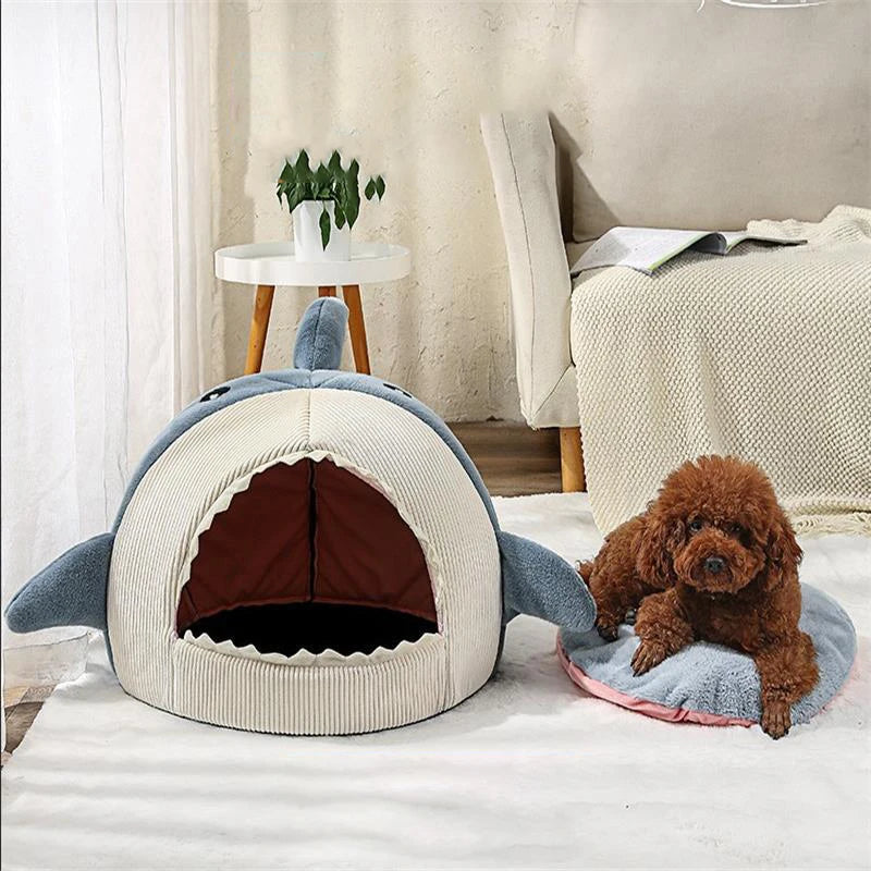 Semi-Enclosed Shark Cat Bed - Warm Pet Cave Bed with Sweet Little Cat Basket Mat - Cozy Cat Pillow Mat Tent - Ideal for Small Dogs and Cats